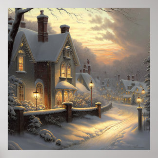 Snowy dorpscène poster