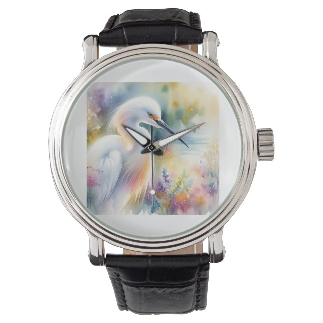 Snowy Egret 180724AREF115 - Watercolor Horloge (Voorkant)