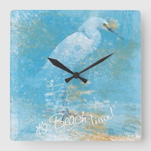Snowy Egret Clock Het is Beach Time! Vierkante Klok (Voorkant)