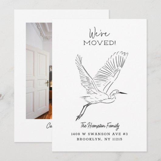 Snowy Egret Minimalist Moving Aankondiging (Voorkant / Achterkant)