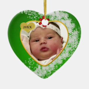 Snowy en Green Gold New Baby Foto Kerstmis Keramisch Ornament