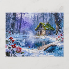 Snowy Enchanted Forest Cottage with Bridge and Glo Briefkaart