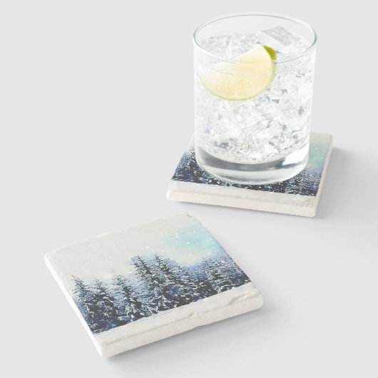 Snowy Evergreen Forest 4x4 Stone Onderzetter (Zijkant)