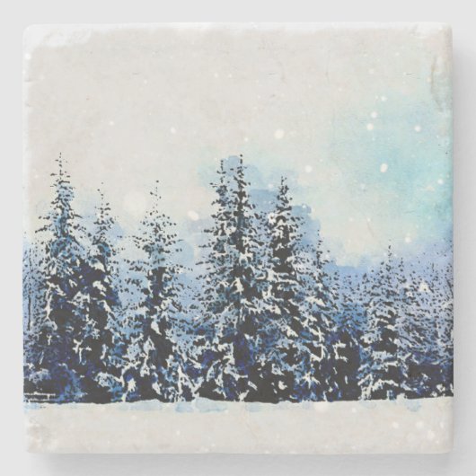 Snowy Evergreen Forest 4x4 Stone Onderzetter (Voorkant)