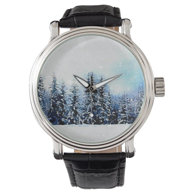 Snowy Evergreen Forest Holiday Kerstmis eWatch Horloge (Voorkant)