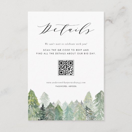 Snowy Evergreen Forest QR Code Trouwdetails Informatiekaartje (Voorkant)