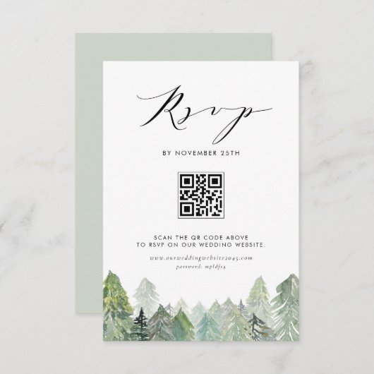 Snowy Evergreen Forest QR Code Winter Wedding RSVP Kaartje (Voorkant / Achterkant)