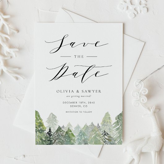 Snowy Evergreen Forest Winter Save the Date Aankondigingskaart