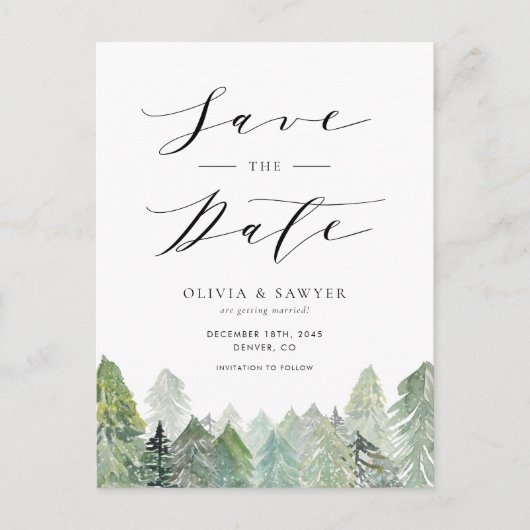 Snowy Evergreen Forest Winter Save the Date Aankondigingskaart (Voorkant)