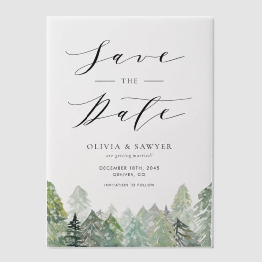 Snowy Evergreen Forest Winter Save the Date Vellum Uitnodigingen (Voorkant)