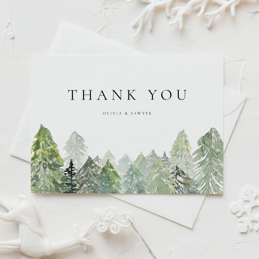 Snowy Evergreen Forest Winter Wedding Bedankt Briefkaart