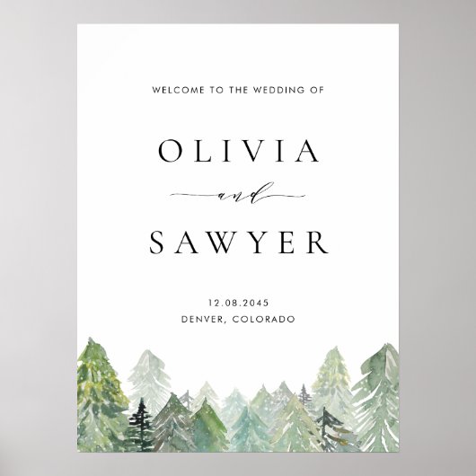 Snowy Evergreen Forest Winter Wedding Welkom Poster (Voorkant)