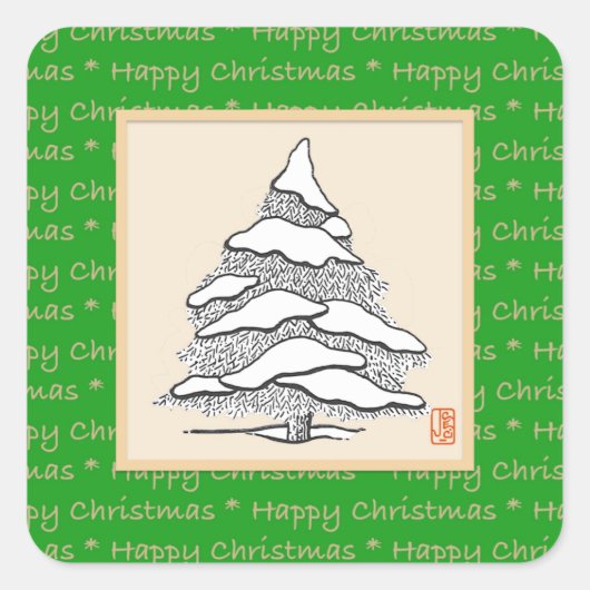 Snowy Evergreen Happy Square Kerst sticker (Voorkant)