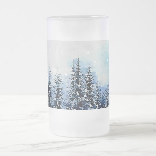 Snowy Evergreen Pine Trees Bevroren Glass 16oz Mok (Center)