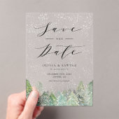Snowy Evergreen Woodland Winter Save the Date Acryl Uitnodigingen (Insitu (Draagbaar))