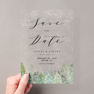 Snowy Evergreen Woodland Winter Save the Date Acryl Uitnodigingen