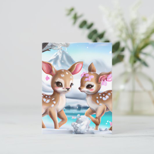 Snowy Fawn Chasing in een kleurrijk landschap Briefkaart (Staand voorkant)