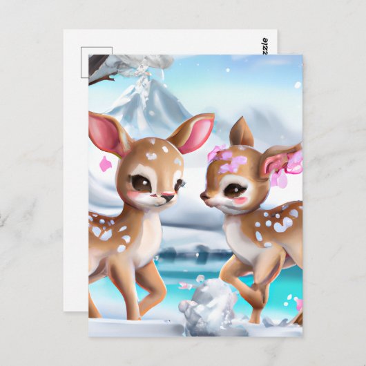 Snowy Fawn Chasing in een kleurrijk landschap Briefkaart (Voorkant / Achterkant)