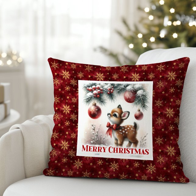 Snowy festive scene baby fawn Christmas pillow  Kussen (Snowy festive scene baby fawn Christmas pillow (49))