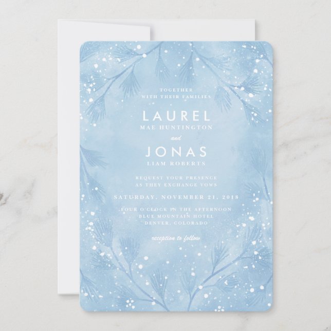 Snowy Forest Blue Winter Wedding Invitations Kaart (Voorkant)