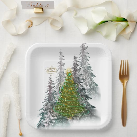  Snowy Forest Christmas Tree paper plates  Papieren Bordje (Huwelijk)