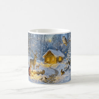 Snowy Forest Cottage with Owl, Deer and Fox Artwor Koffiemok