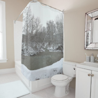 Snowy Forest Creek Winter Scene Landscape Natuur Douchegordijn