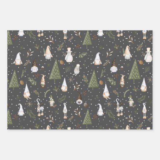 Snowy Forest Kerstmis Gnomes Pattern Inpakpapier Vel (Voorkant)