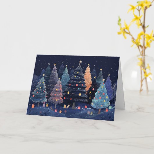 Snowy Forest met kleurrijke kerstverlichting Kaart (Gele Bloem)