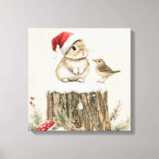 Snowy Forest Winter Woodland Christmas Bunny Bird Canvas Afdruk (Voorkant)