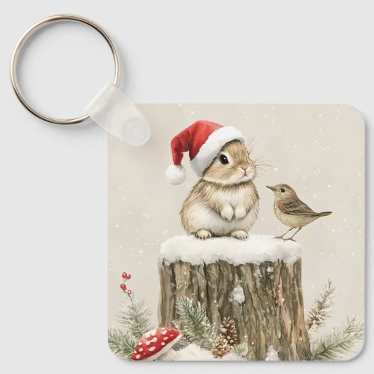 Snowy Forest Winter Woodland Christmas Bunny Bird Sleutelhanger (Voorkant)