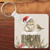 Snowy Forest Winter Woodland Christmas Bunny Bird Sleutelhanger (Voorkant)