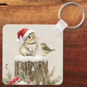 Snowy Forest Winter Woodland Christmas Bunny Bird Sleutelhanger (Achterkant)