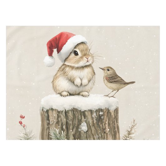 Snowy Forest Winter Woodland Christmas Bunny Bird Tafelkleed (Voorkant (Horizontaal))