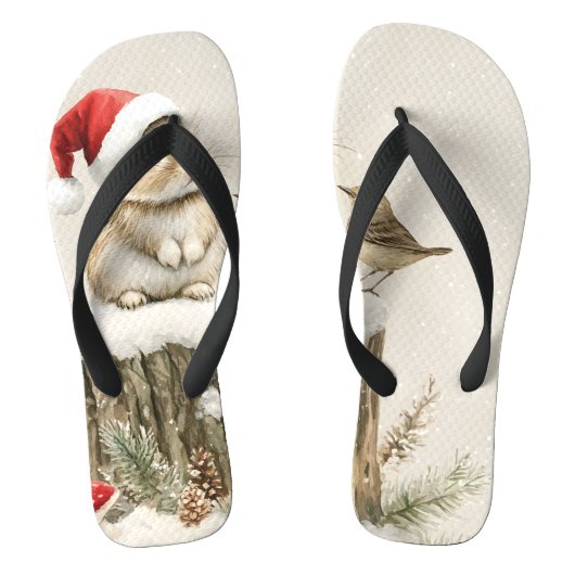 Snowy Forest Winter Woodland Christmas Bunny Bird  Teenslippers (Voetbed)