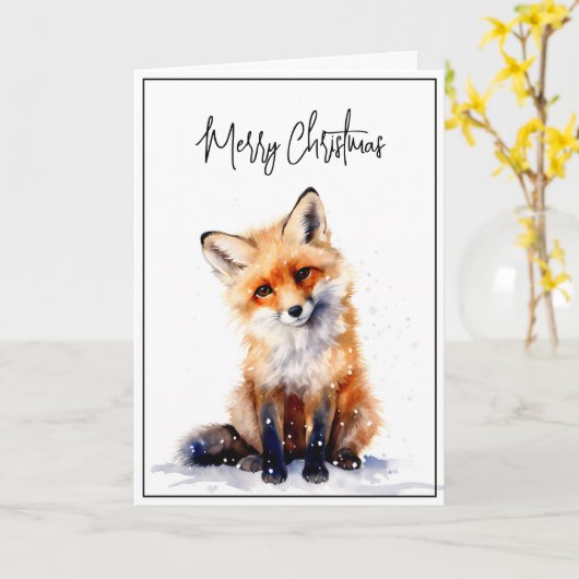 Snowy Fox Kerst Kaart Waterverf (Gele Bloem)