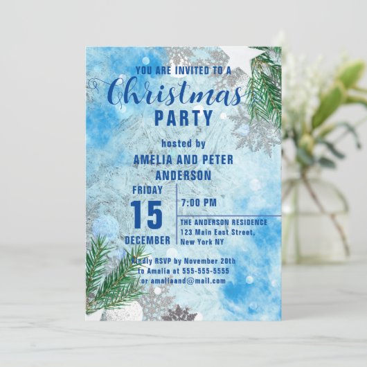 Snowy Frosty Winter Kerstparty Uitnodiging (Staand voorkant)