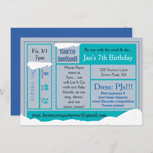 Snowy Frozen Verjaardagsfilm Tix Uitnodiging (Voorkant / Achterkant)