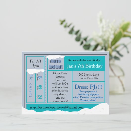 Snowy Frozen Verjaardagsfilm Tix Uitnodiging (Staand voorkant)