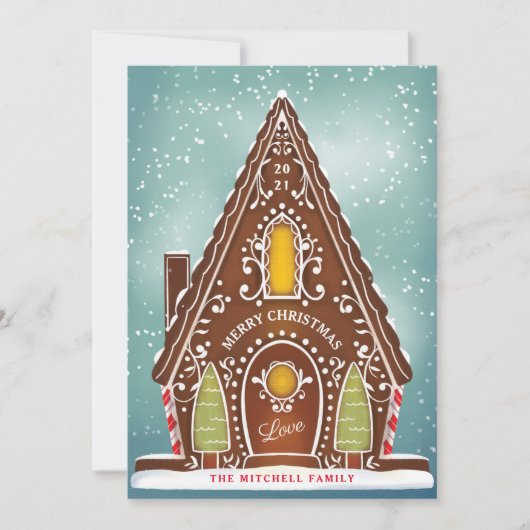 Snowy Gingerbrood House geïllustreerd Feestdagenkaart (Voorkant)