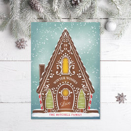 Snowy Gingerbrood House Illustratie Holiday Foto Feestdagenkaart
