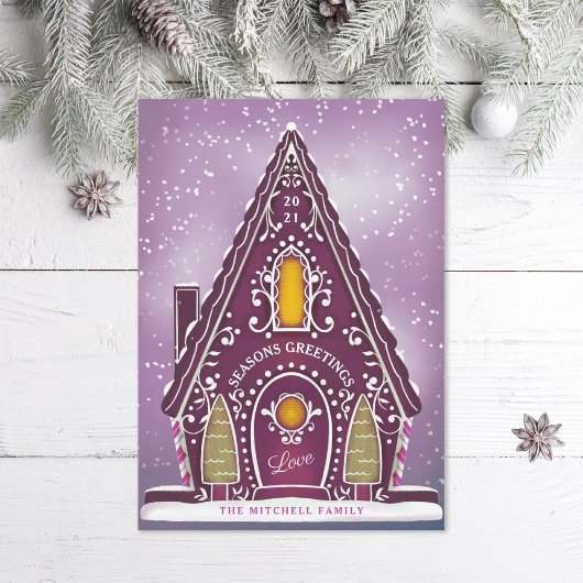 Snowy Gingerbrood House Paars Non-Photo Feestdagenkaart