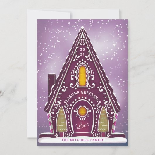 Snowy Gingerbrood House Paars Non-Photo Feestdagenkaart (Voorkant)