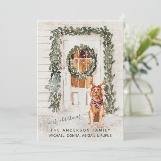 Snowy  Golden Retriever Holiday Waterverf Feestdagenkaart (Staand voorkant)