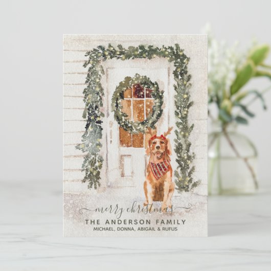 Snowy  Golden Retriever Holiday Waterverf Feestdagenkaart (Staand voorkant)