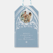 Snowy Gothic Winter Sprookje Kerstblauw Foto Cadeaulabel (Achterkant)