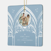 Snowy Gothic Winter Sprookje Kerstblauw Foto Keramisch Ornament (Links)