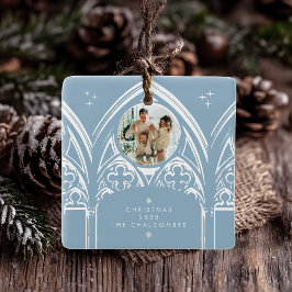 Snowy Gothic Winter Sprookje Kerstblauw Foto Keramisch Ornament