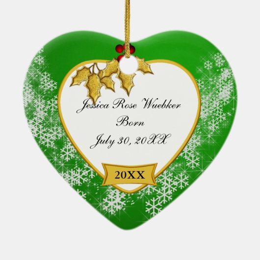 Snowy Green en Gold Baby's eerste kerstfoto Keramisch Ornament (Achterkant)