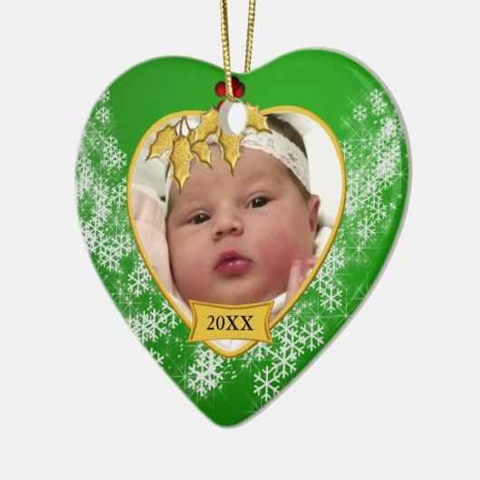 Snowy Green en Gold Baby's eerste kerstfoto Keramisch Ornament (Links)